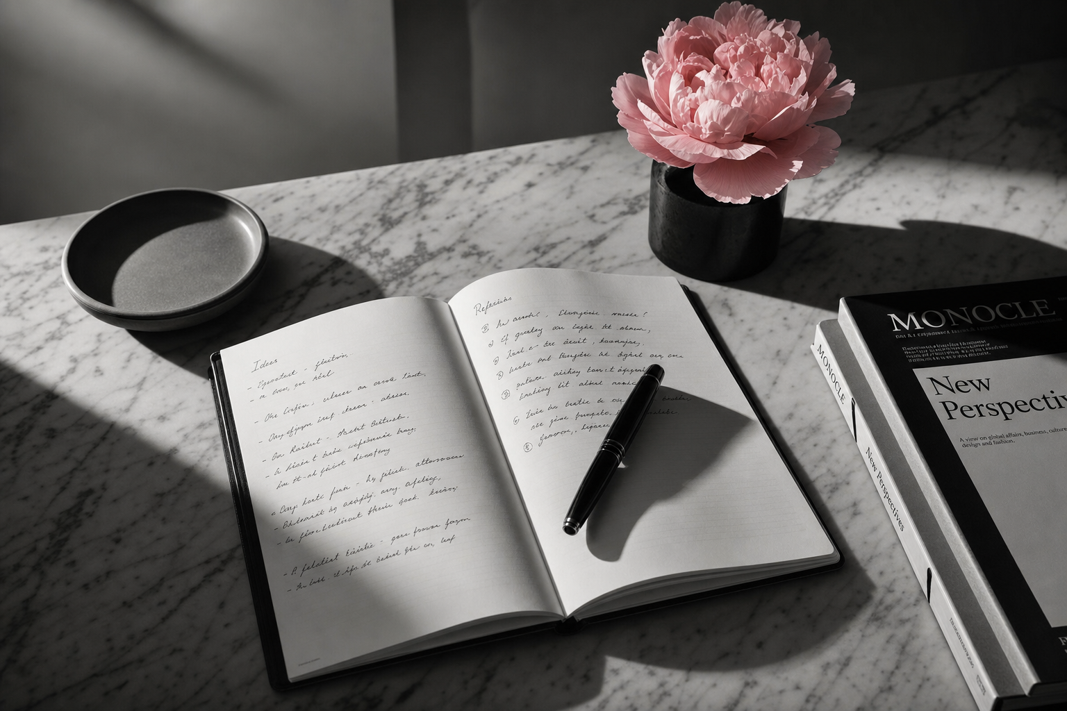 Marble desk with open notebook, a pink peony, and Monocle magazine — editorial still life
