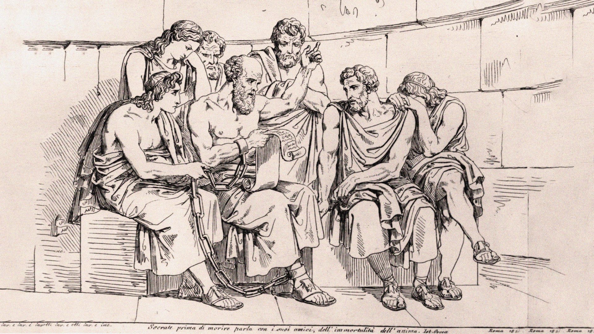 Socrates teaching his doctrines to young Athenians whilst awaiting execution — engraving after Pinelli